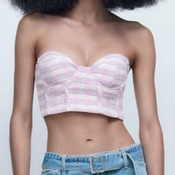 Zara Plaid Tweed Bustier Corset Top Pink Purple Large Crop Strapless - Picture 1 of 13